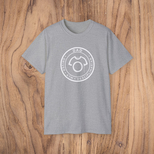 Gray t-shirt with a white logo on a wooden surface