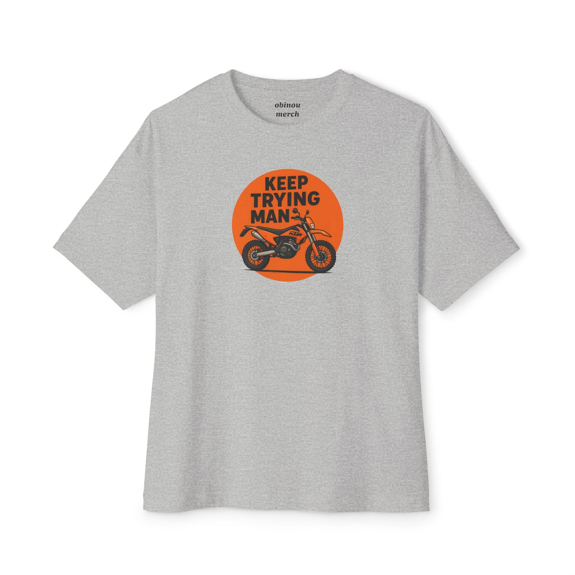 Gray t-shirt with 'Keep Trying Man' graphic and motorcycle on a white background