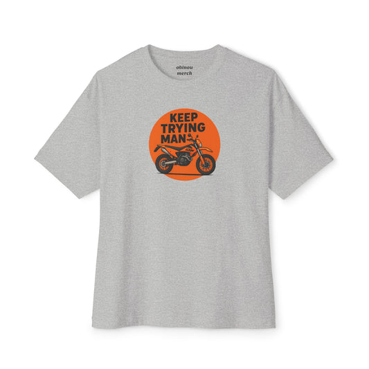 Gray t-shirt with 'Keep Trying Man' graphic and motorcycle on a white background