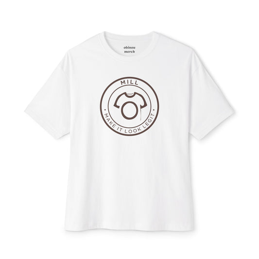 White t-shirt with a black logo and text on a white background