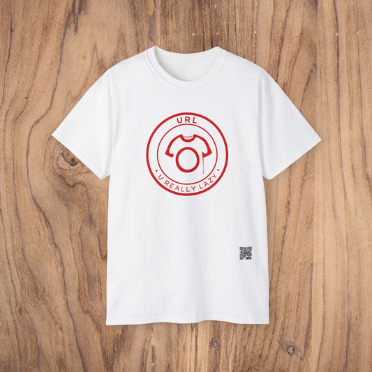 White t-shirt with a red logo on a wooden surface